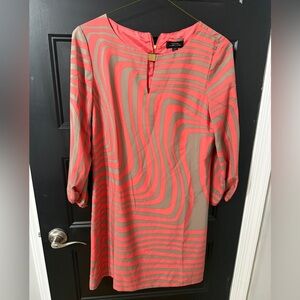 Tahari ASL Coral and Tan Swirl-Print Shift Dress